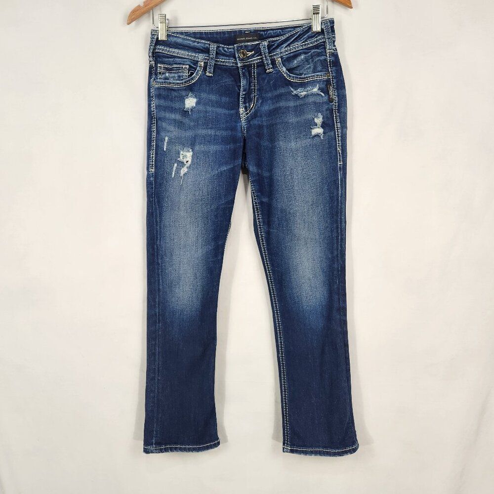 Silver Suki Capri Jeans Womens 27 Low Rise Dark Wash Destroyed Ripped Distressed